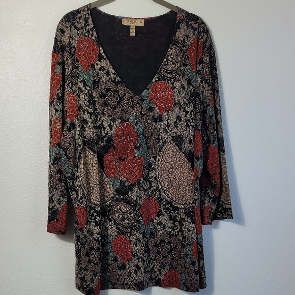 Y2K Notations Floral Tunic Top Size 2X Long Sleeve VNeck Whimsigoth Fairy Dark - Picture 1 of 13